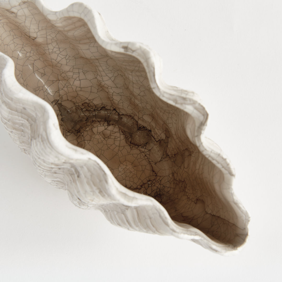 Top view into a small cream clay shell vase showing the narrow opening, wavy rim and antiqued interior, Coastal Transitional