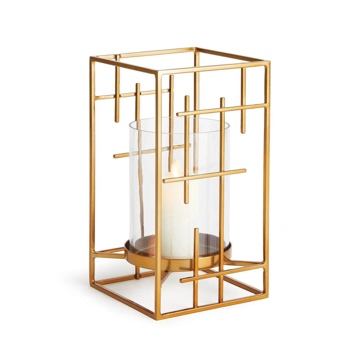 Small gold geometric hurricane candle holder with Mondrian-style metal frame and glass insert – Art Deco Revival

