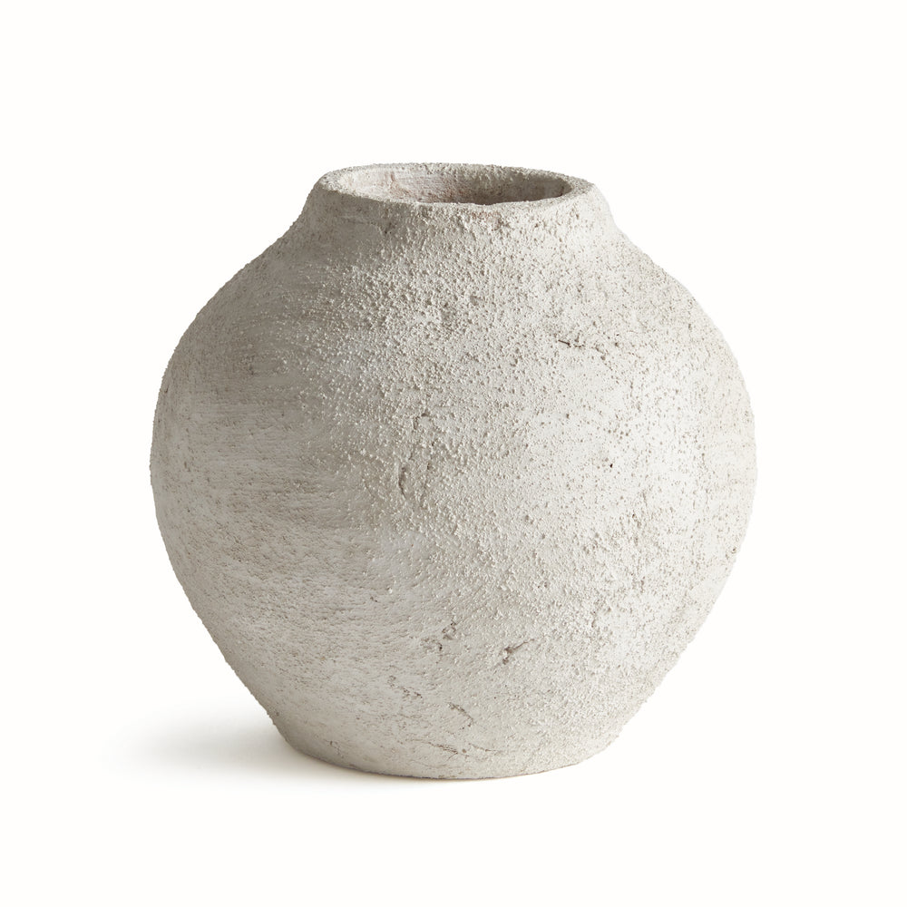 Front silo of small gray terracotta vase showing rounded orb silhouette with narrow neck and textured surface – Transitional