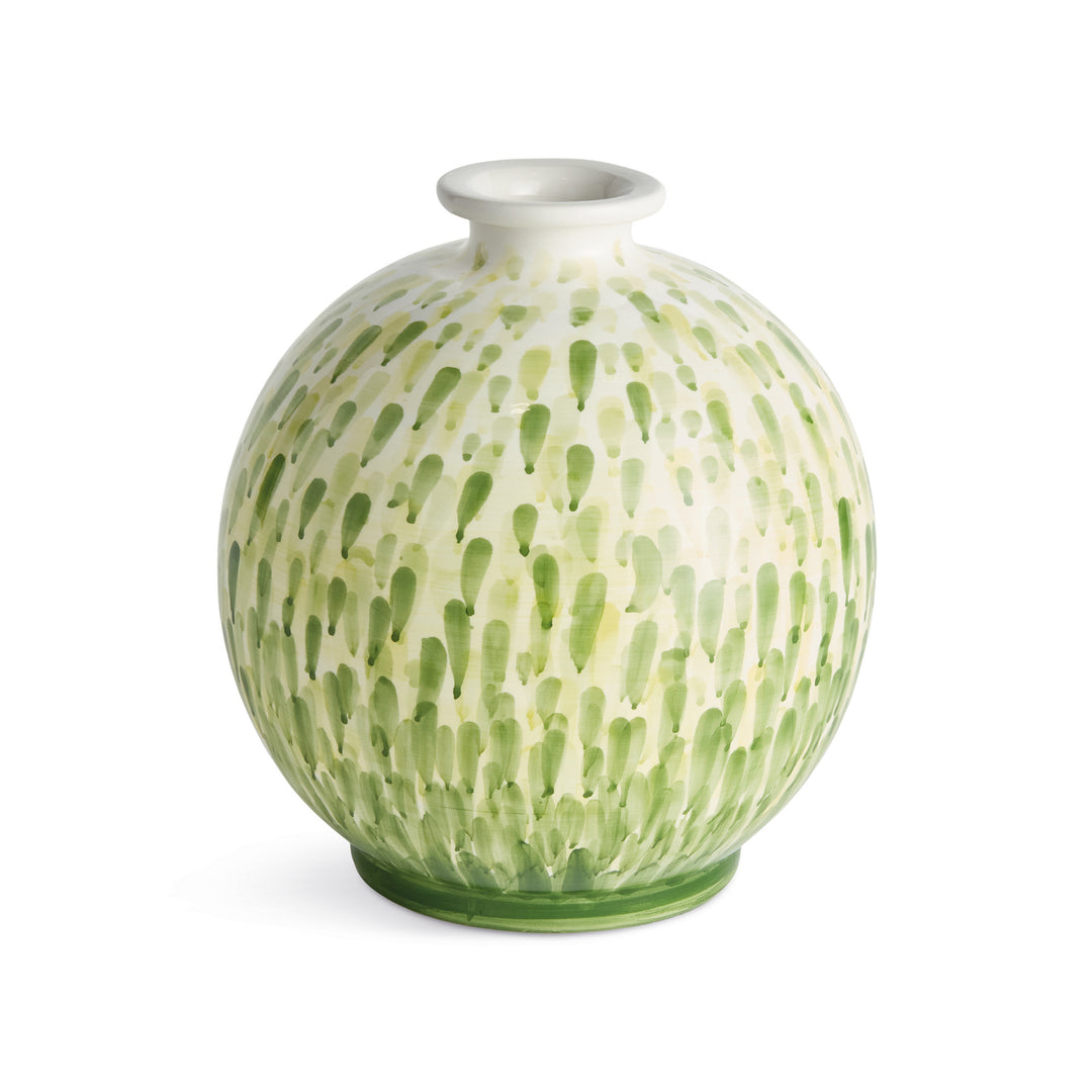 Small green and white ceramic vase with rounded body, narrow neck and painted droplet pattern, on white, Coastal Transitional