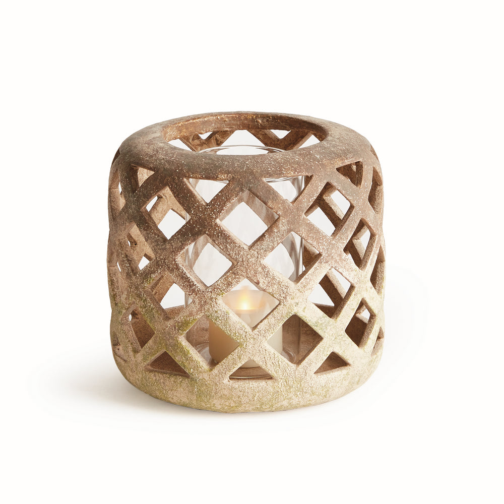 Small moss terracotta hurricane candle holder with lattice cutout detailing and glass insert – Transitional style.