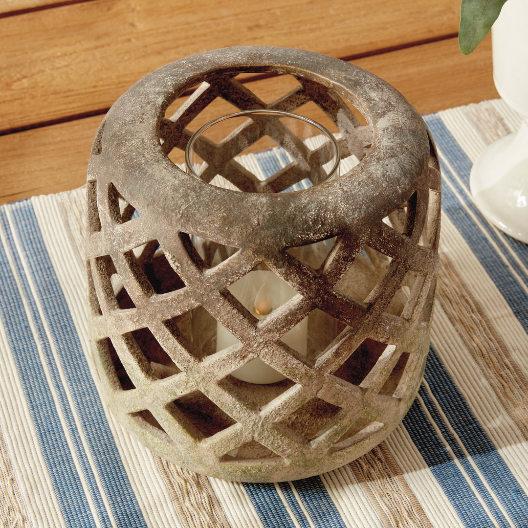 Overhead view of small moss terracotta hurricane candle holder with textured lattice design – Transitional style.