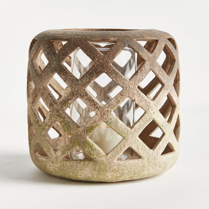 Small moss terracotta hurricane candle holder – European Rustic style.