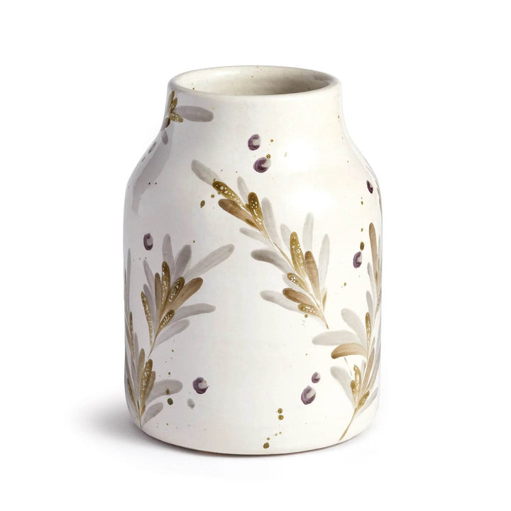 Front view of small cream terra cotta vase with hand-applied olive branch artwork and soft curved shape – Modern Farmhouse


