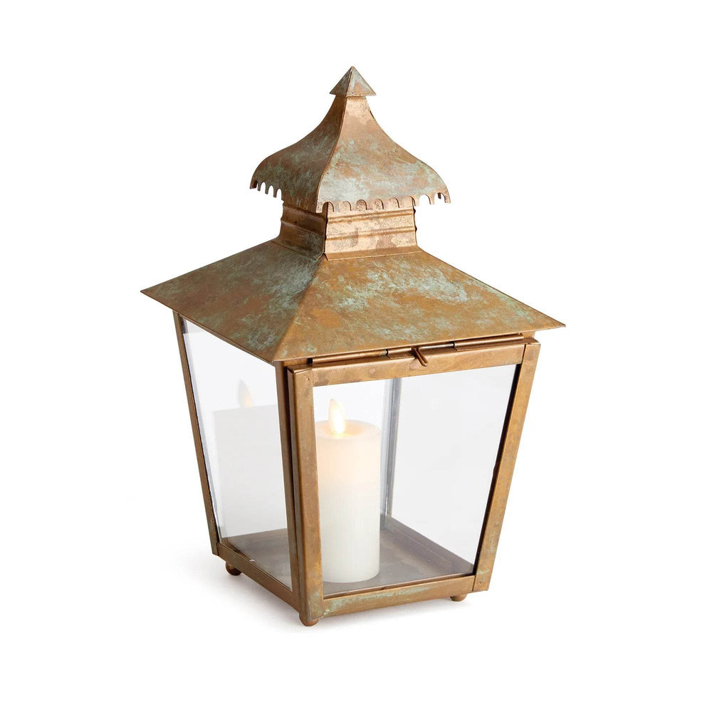 Front silo of small patina metal lantern with pagoda-inspired roof and clear glass panels, aged green and bronze finish – Transitional, Rustic, Asian-Inspired