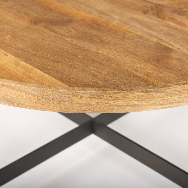 Close-up of the solid mango wood tabletop showing natural wood grain and smooth finish, Modern Organic coffee table