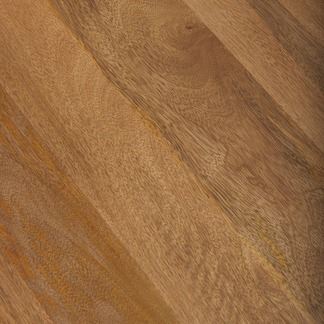 Close-up of the smooth solid mango wood surface displaying rich natural grain and warm brown finish, Modern Organic coffee table