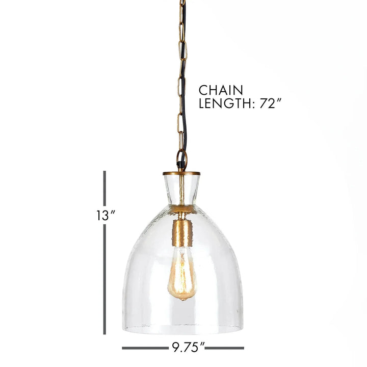 Small seeded glass bell pendant diagram showing fixture width and height with chain length marked above, Transitional style