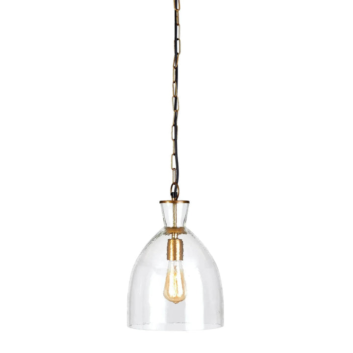 Small clear seeded glass bell pendant with brass-finished fittings and a hanging chain against white, Transitional style