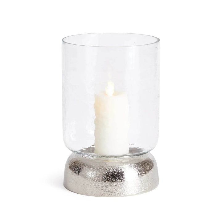 Small silver glass hurricane candle holder with hammered texture and metal base, shown with lit pillar candle – Transitional Modern

