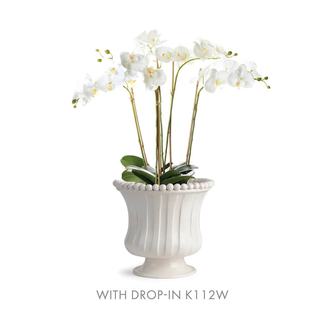 Small white ceramic flared vase styled with orchid drop-in DI1201 arrangement, handmade in Italy, pedestal decor accent – French Country.

