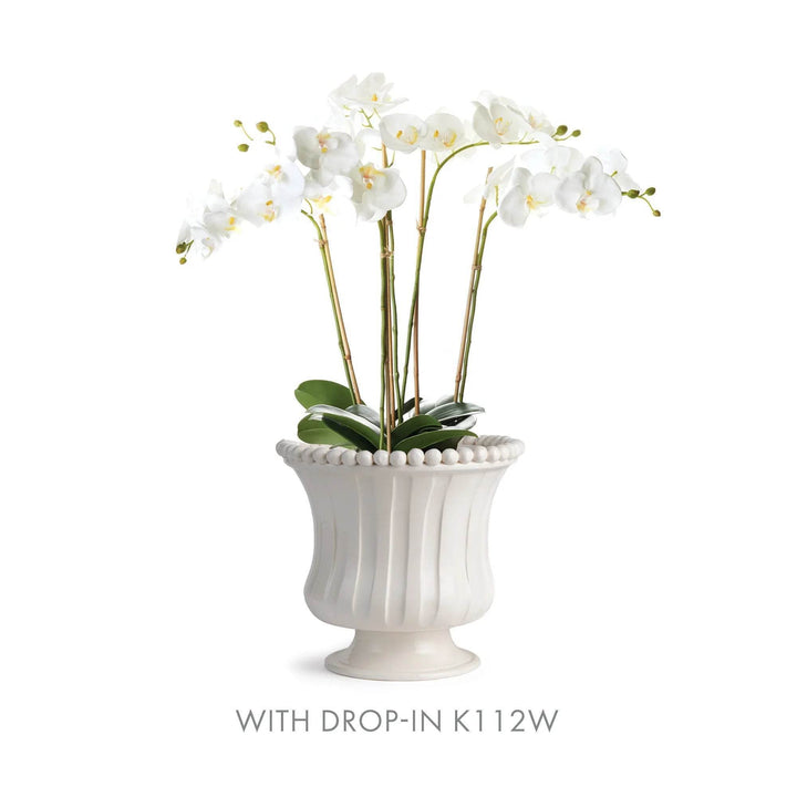 Small white ceramic flared vase styled with orchid drop-in DI1201 arrangement, handmade in Italy, pedestal decor accent – French Country.

