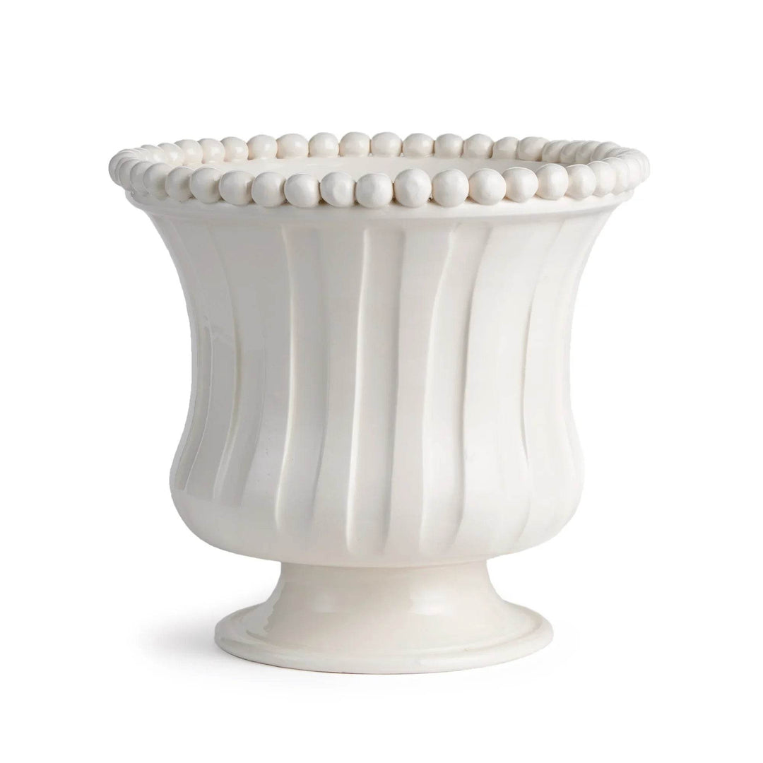 Small white ceramic flared vase with beaded rim and ribbed detailing, handmade in Italy, artisan decor accent for home styling – French Country.

