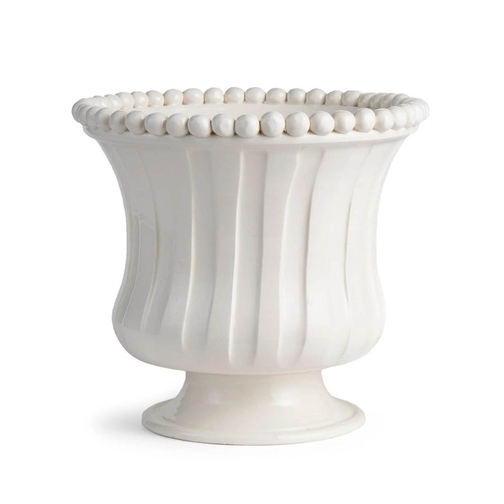 Small white ceramic flared vase with beaded rim and ribbed detailing, handmade in Italy, artisan decor accent for home styling – French Country.

