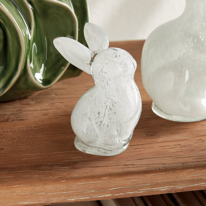 Hand blown white glass bunny decor displayed on wood tabletop, compact sculptural accent for coffee tables and styled interiors.