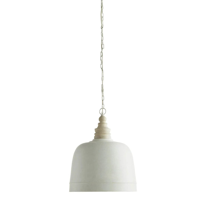 Small white dome pendant with carved wood above the shade, a white hanging chain and open lower rim, Modern Farmhouse style
