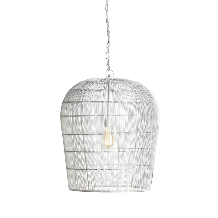Small white woven iron pendant light with a rounded cage shade, open lower rim and chain suspension on white, Coastal style