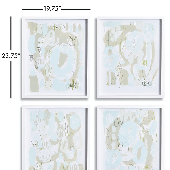 Dimension view of soft abstract wall art set showing vertical portrait orientation and white shadowbox framing in 4-piece format.
