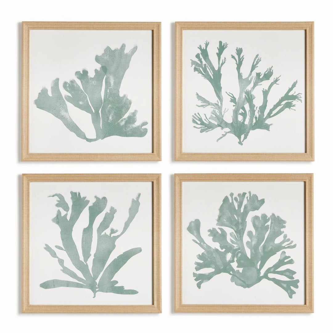 Set of four soft green coral silhouette prints with fabric-wrapped square frames displayed together on a white background – Coastal