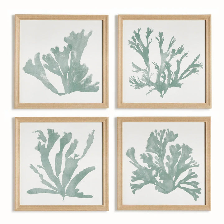 Set of four soft green coral silhouette prints with fabric-wrapped square frames displayed together on a white background – Coastal