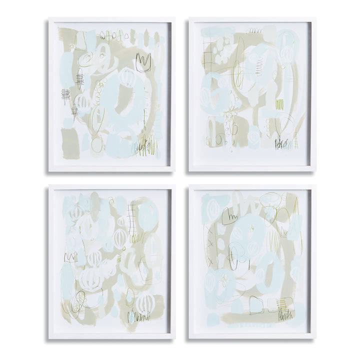 Studio image of four soft modern abstract art prints in white frames, with calming pastel palette ideal for coastal minimalist decor.