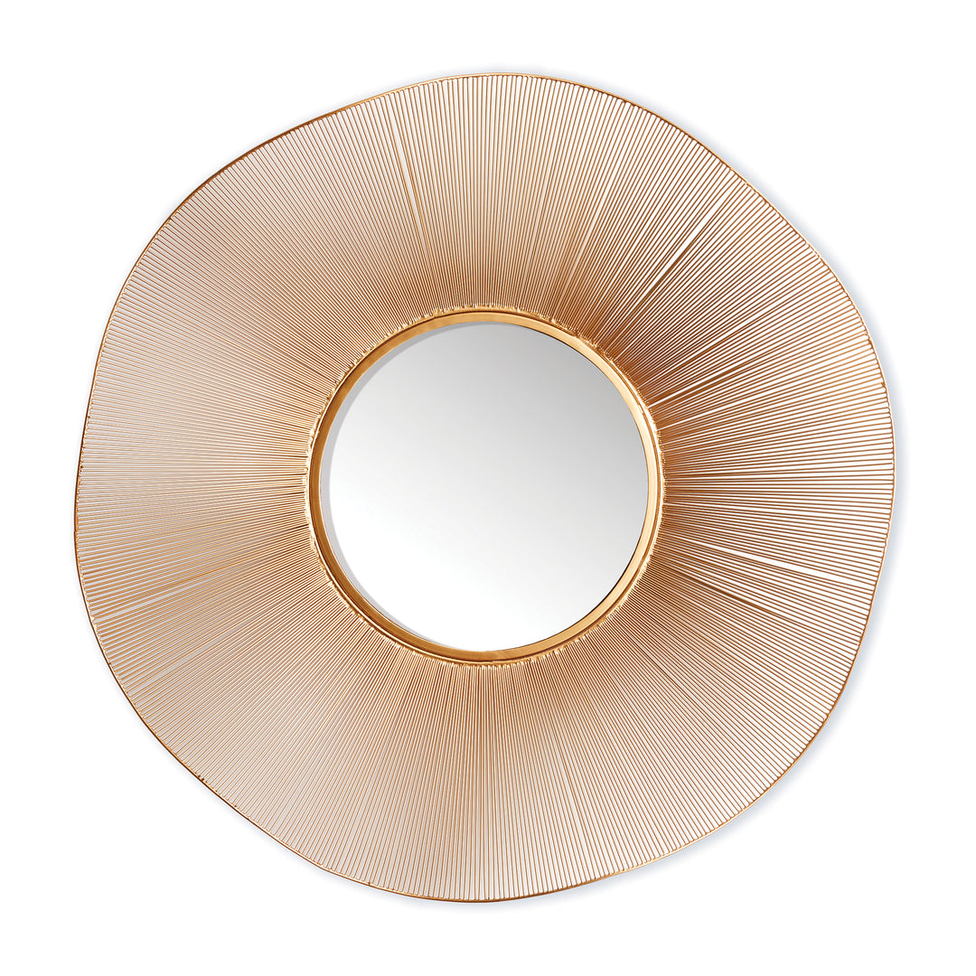 Round gold wall mirror with a wide openwork iron metal frame and a small circular reflective center on white - Organic Glam