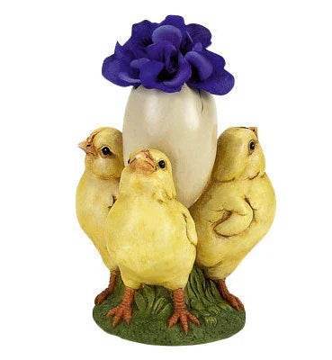 Spring centerpiece featuring yellow chicks surrounding an egg with purple floral accent – hand-finished resin Easter decoration

