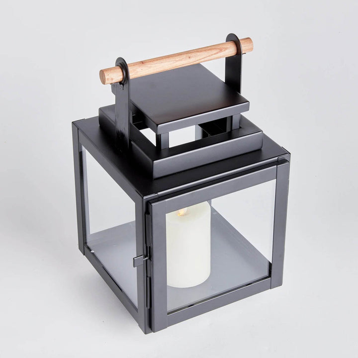 Square black lantern with teak wood handle, modern farmhouse style