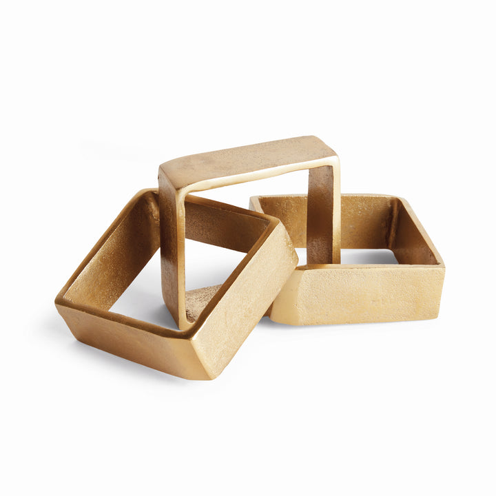 Gold square chain-link sculpture in cast aluminum, with three square links and textured surfaces on white - Modern Organic