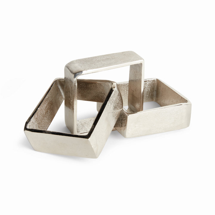 Silver square chain-link sculpture in cast aluminum, with three square links and textured finish on white - Modern Organic