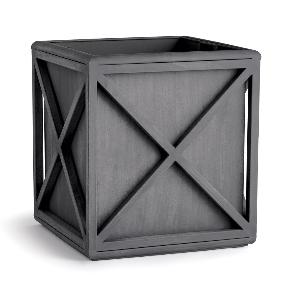 Square outdoor metal planter with aged zinc finish and structured X-frame detailing – Transitional outdoor planter