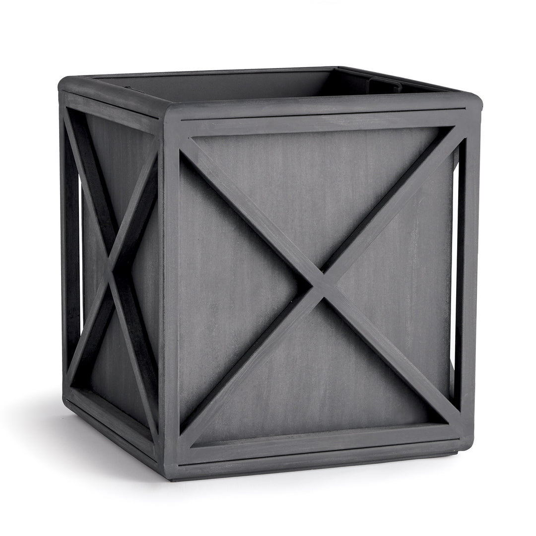Square outdoor metal planter with aged zinc finish and structured X-frame detailing – Transitional outdoor planter