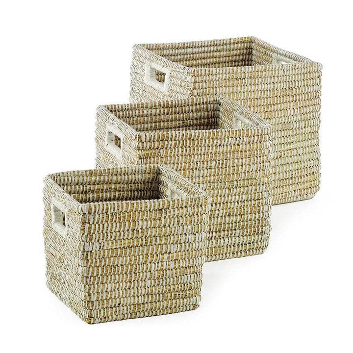 Set of three square woven storage baskets with handles shown nested together, highlighting sizes for home organization.


