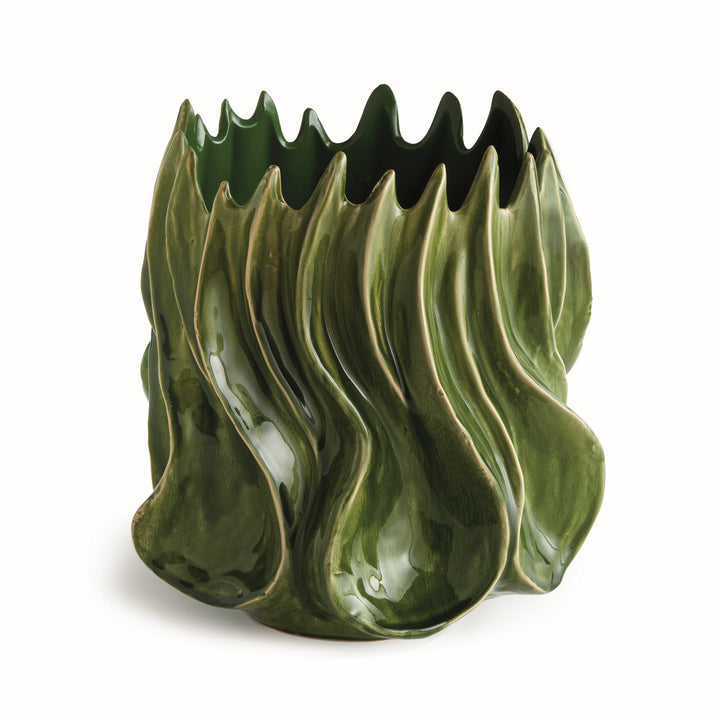 Sylva large green ceramic vase with raised flowing curves and a pointed organic rim against a pale background. Modern Organic