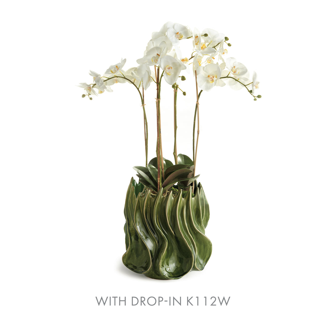 Sylva large green ceramic vase with an arching white orchid arrangement against a plain white background. Modern Organic