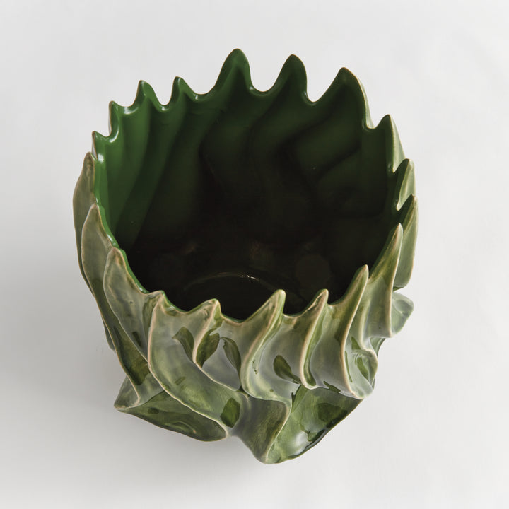 Top view of Sylva large vase showing the deep green interior and pointed rim above its flowing ceramic curves. Modern Organic