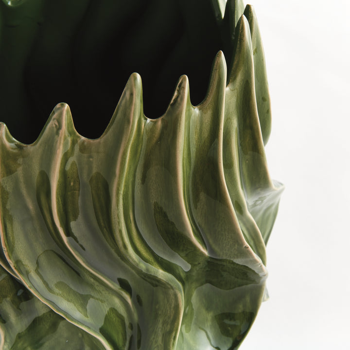 Close view of Sylva large vase showing glossy green reactive glaze and sculptural raised curves at the rim. Modern Organic