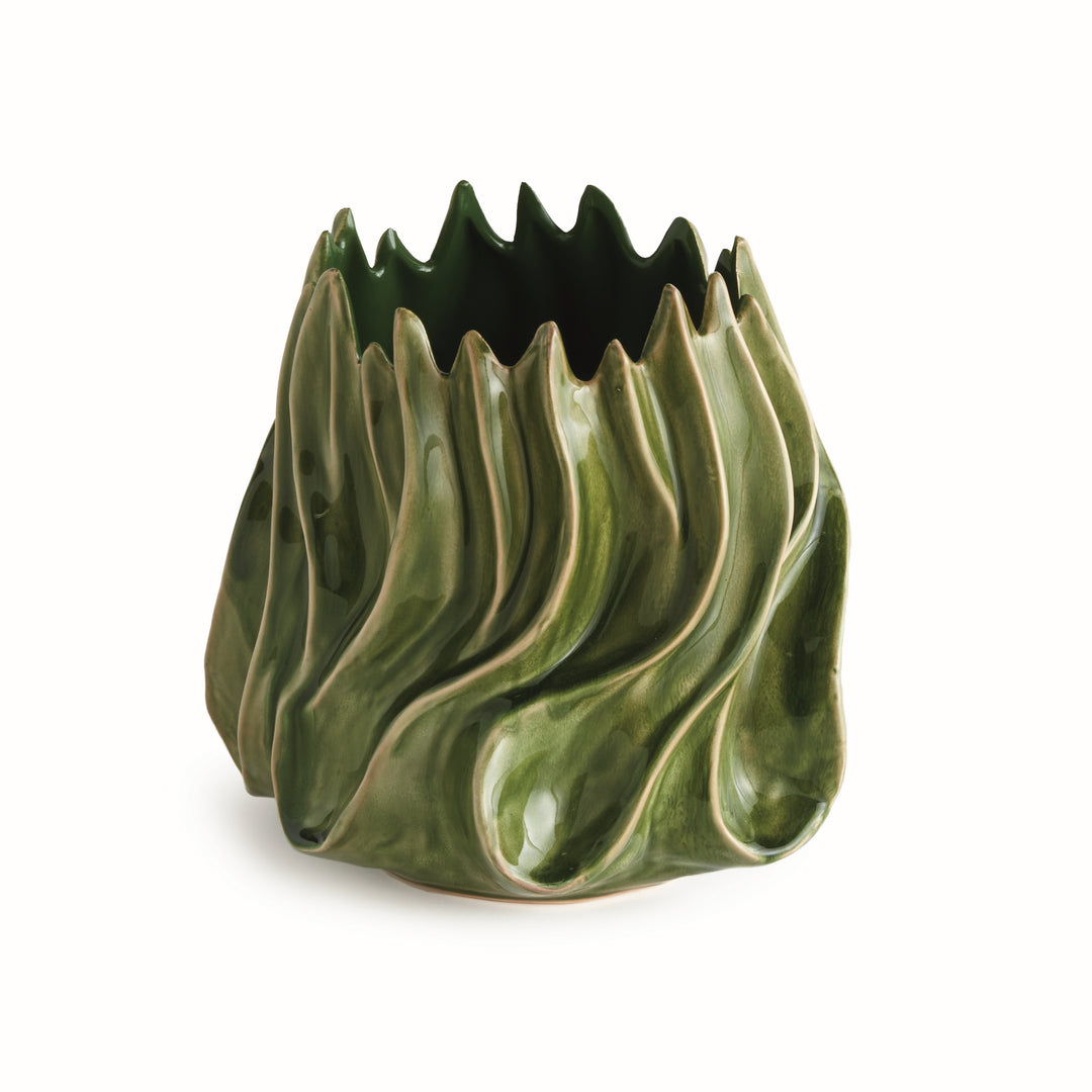 Sylva medium green ceramic vase with curving raised forms and a pointed organic rim against a pale background. Modern Organic