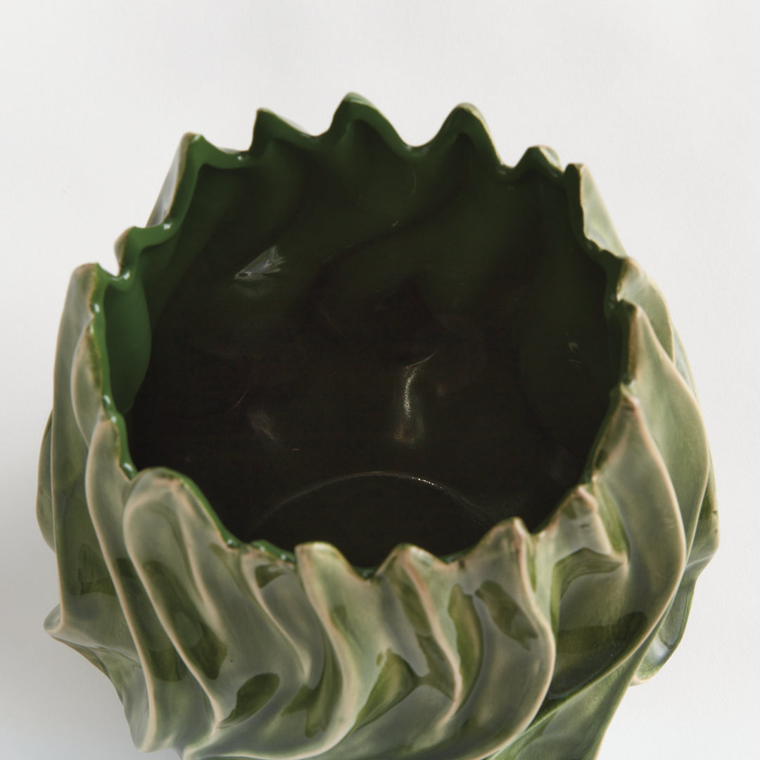 Top view of Sylva medium vase showing the open dark green interior and the sculptural pointed ceramic rim. Modern Organic