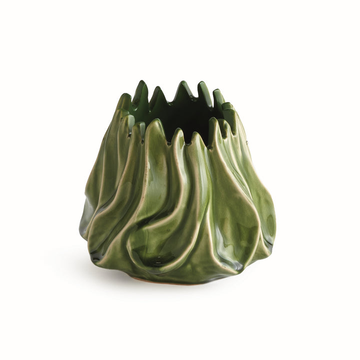 Sylva small green ceramic vase with raised flowing curves and a pointed organic rim against a pale background. Modern Organic