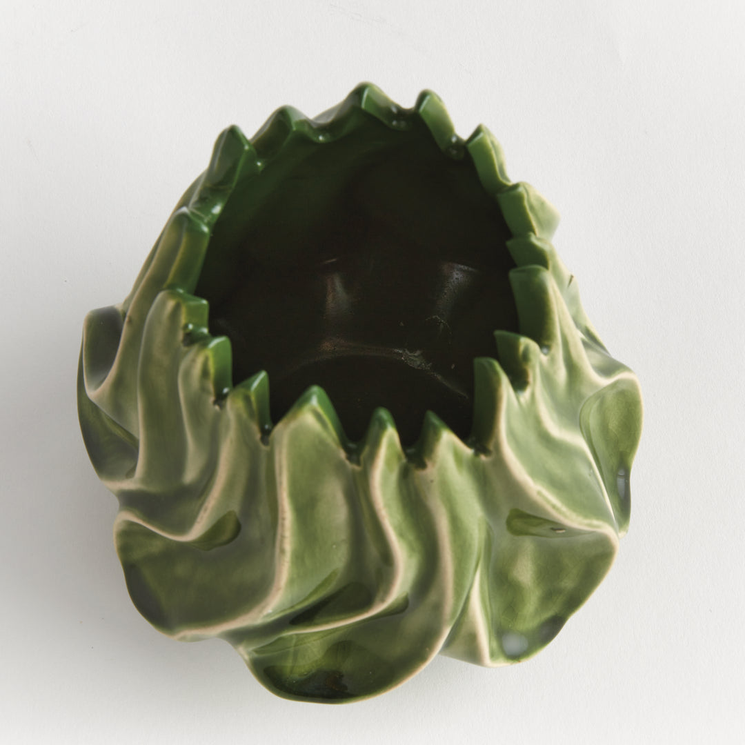 Overhead view of Sylva small vase showing the open green interior, pointed rim and sculptural curved exterior. Modern Organic