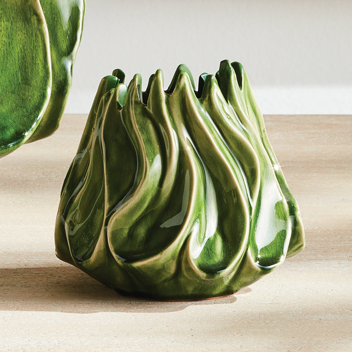 Sylva small green sculptural vase on a pale surface beside a larger coordinating vase in a light interior. Modern Organic