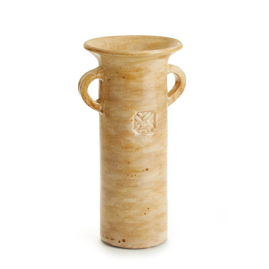Tall beige terra cotta vase with side handles and ecru glaze, handcrafted for dried stem or shelf styling – Modern Organic.

