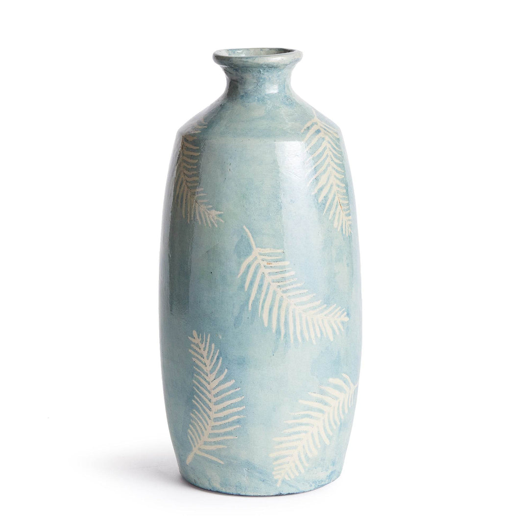 Tall blue decorative vase with hand painted fern pattern, front-facing on white background

