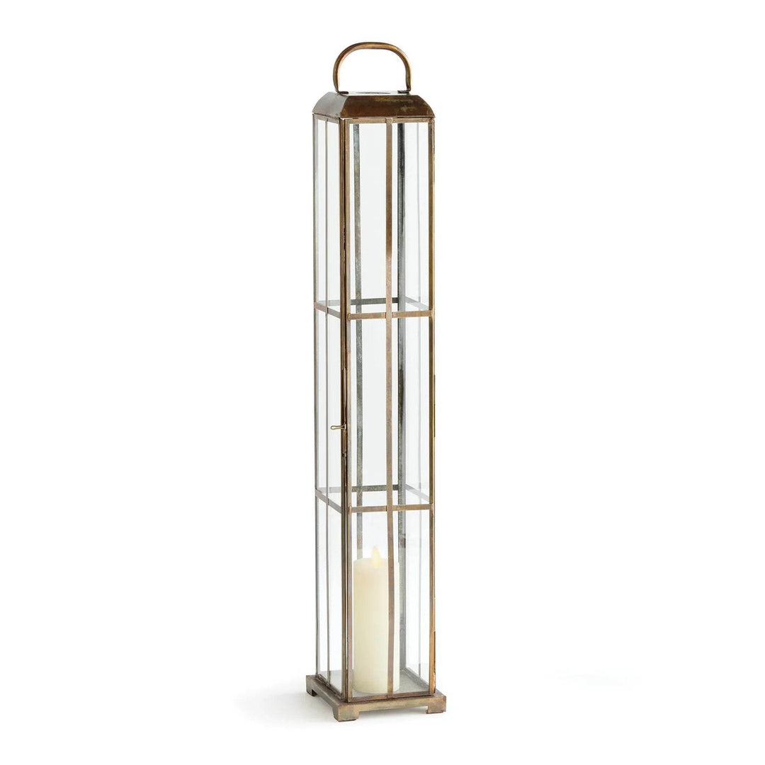 Tall narrow brass and glass lantern with antique finish, shown with pillar candle inside, 27.5 inches high – Modern Farmhouse