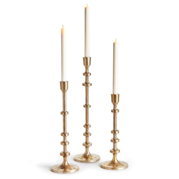 Tall gold metal taper candle holders in abacus-inspired design, set of three with LED tapers – Modern.