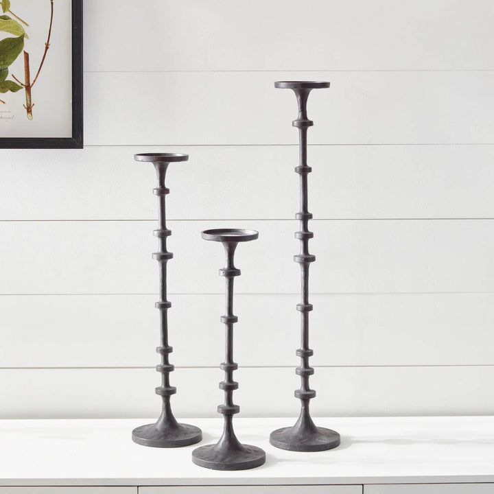 Industrial black bronze candle stands set of 3 displayed on console against white shiplap wall – Modern Decor