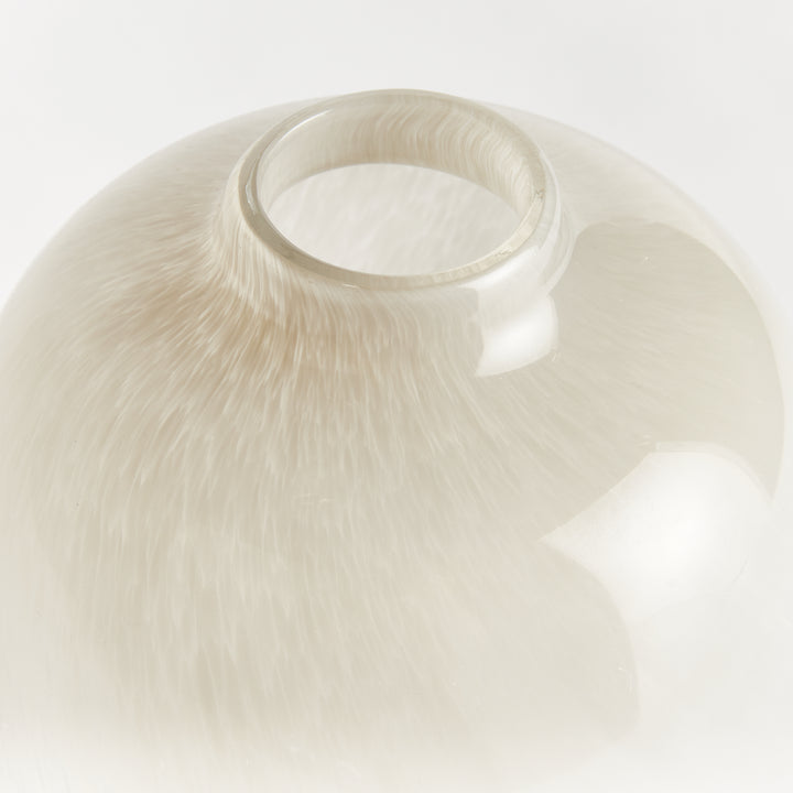 Close view of the tall Ivory glass vase neck and rounded shoulder, showing color held within the glass, Modern Organic style