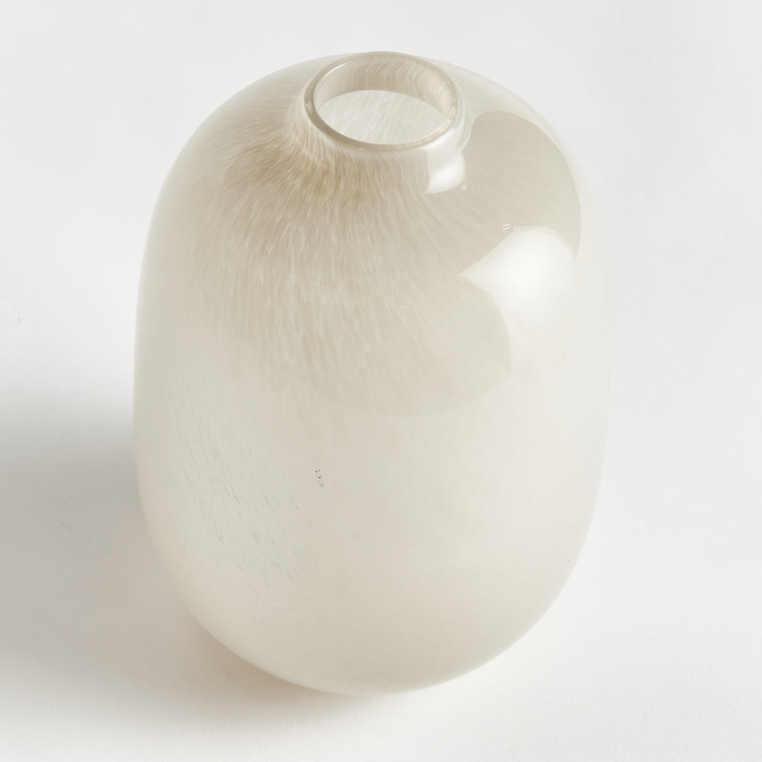 Tall Ivory glass vase viewed from above, showing curved shoulders, a small neck and pale color within, Modern Organic style