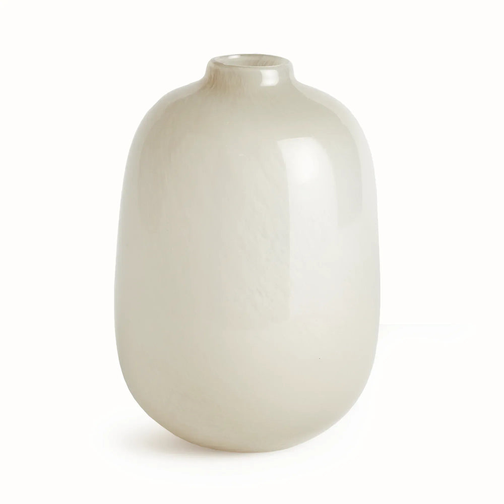 Tall Ivory glass vase with elongated rounded body, small circular neck and neutral color against white, Modern Organic style